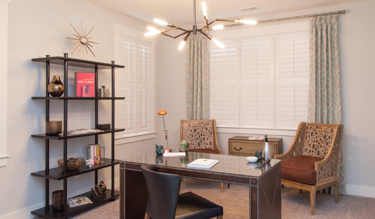 Virginia Beach home office with plantation shutters.